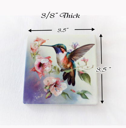 Unique Hummingbird Designs Decorate these Bamboo Drinkware/Beverage Coasters, great Gift for Hummingbird Lover and Mother's Day