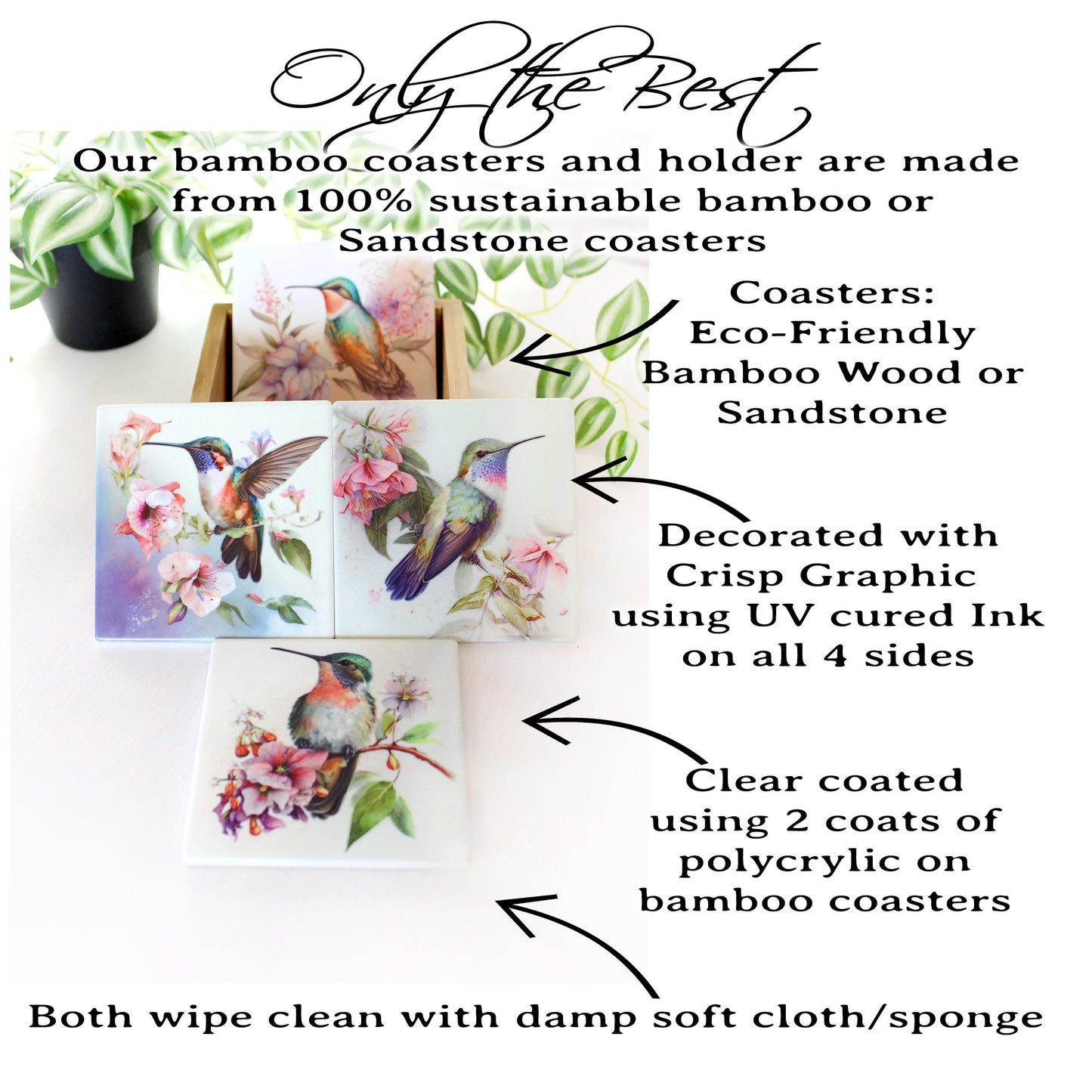 Unique Hummingbird Designs Decorate these Bamboo Drinkware/Beverage Coasters, great Gift for Hummingbird Lover and Mother's Day