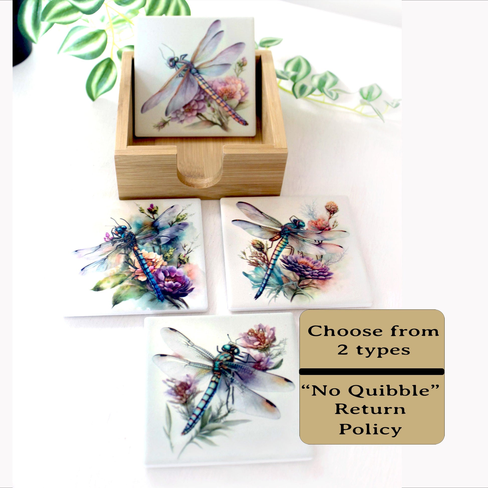 Custom Bamboo Coaster Set, Personalized Dragonfly Lover Gift, Rustic Decorative Wedding Favors, Sustainable and Environmentally Friendly