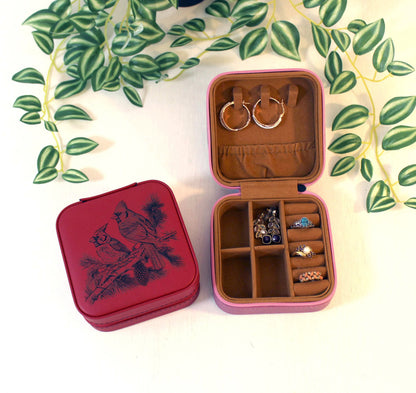 Engraved Cardinals Travel Jewelry Case, Custom Bridesmaid Wedding Gift, Perfect Birthday or Mother's Day Gift or Favors, Leatherette