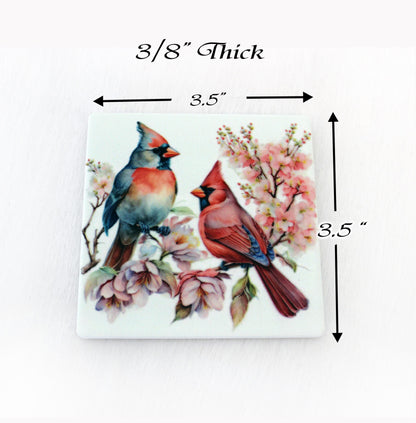 Beautiful Cardinal Decorated Bamboo Coasters w/ Bamboo Caddy, Spring Cardinals for your drinkware as Gift for Cardinal Lovers