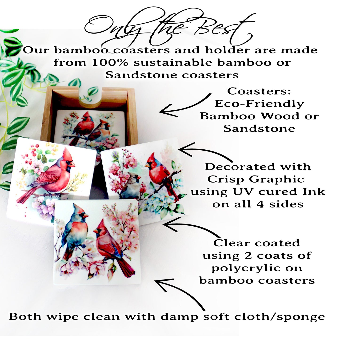 Beautiful Cardinal Decorated Bamboo Coasters w/ Bamboo Caddy, Spring Cardinals for your drinkware as Gift for Cardinal Lovers