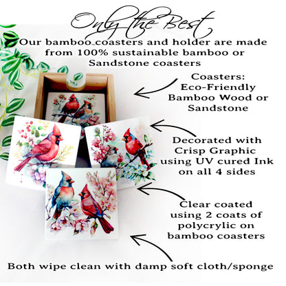 Beautiful Cardinal Decorated Bamboo Coasters w/ Bamboo Caddy, Spring Cardinals for your drinkware as Gift for Cardinal Lovers