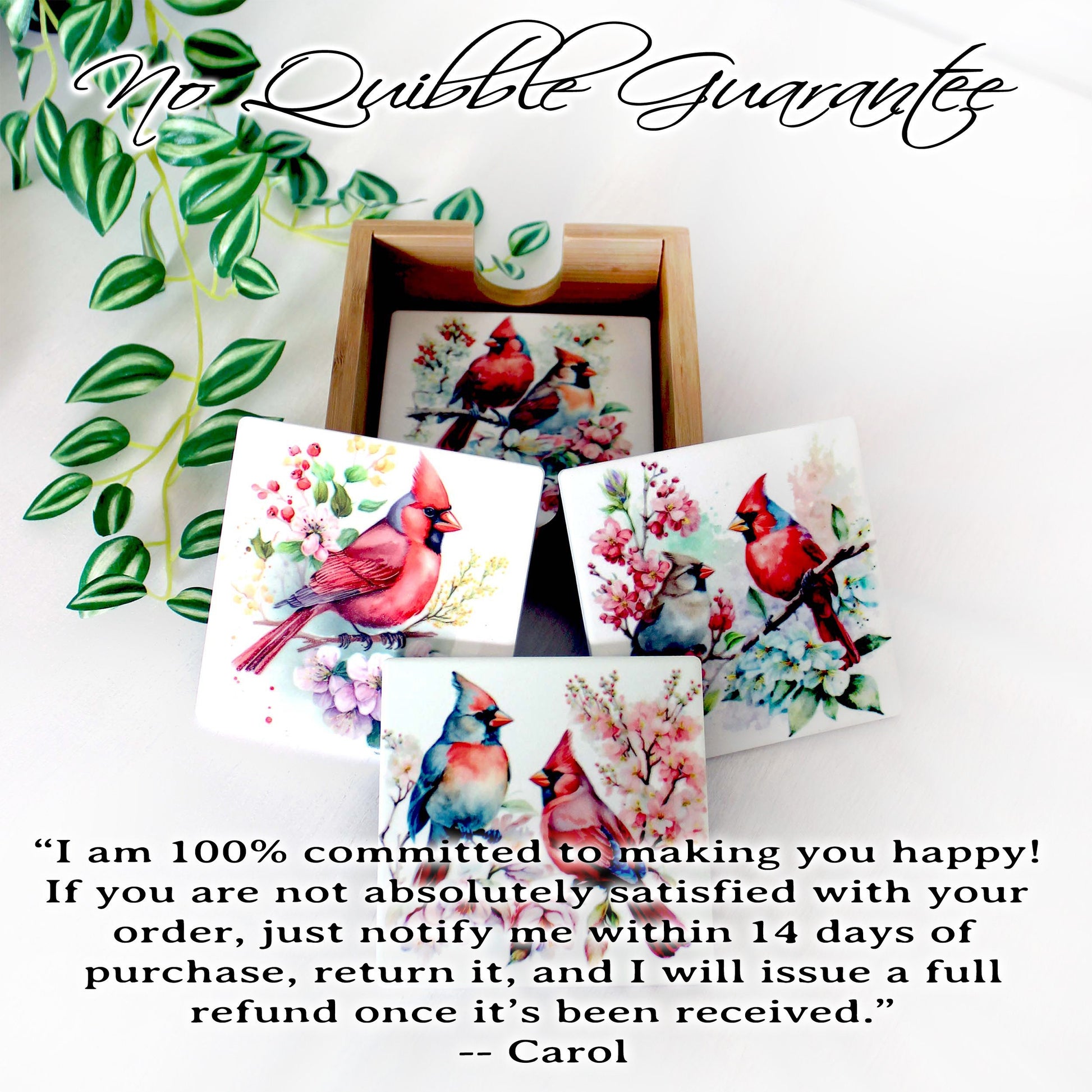 Beautiful Cardinal Decorated Bamboo Coasters w/ Bamboo Caddy, Spring Cardinals for your drinkware as Gift for Cardinal Lovers