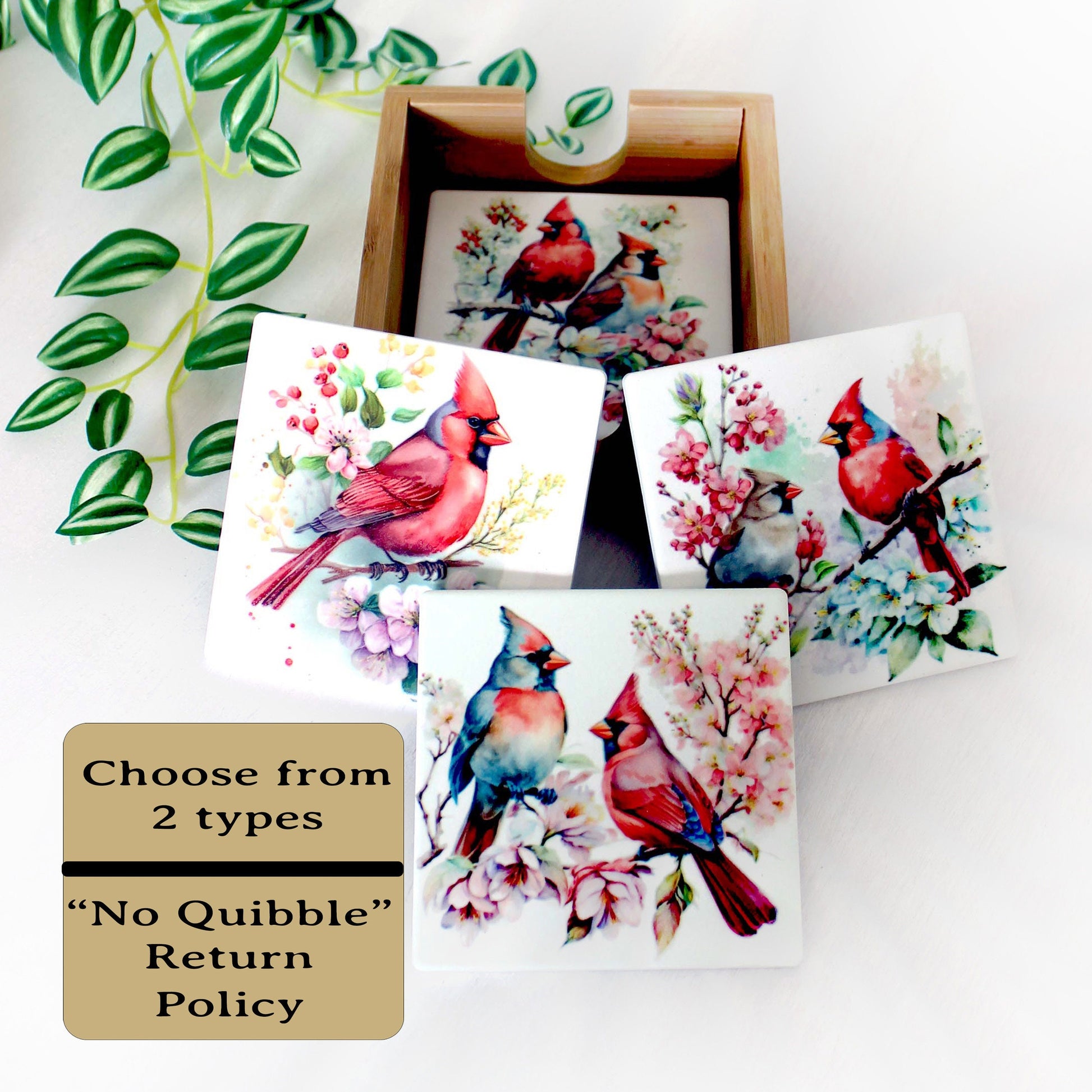 Beautiful Cardinal Decorated Bamboo Coasters w/ Bamboo Caddy, Spring Cardinals for your drinkware as Gift for Cardinal Lovers