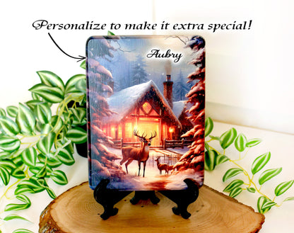 Winter Cabin Cutting Board, Rustic Winter Deer Kitchen Decor, Environmentally Friendly Bamboo Cutting Board decorated using UV Ink