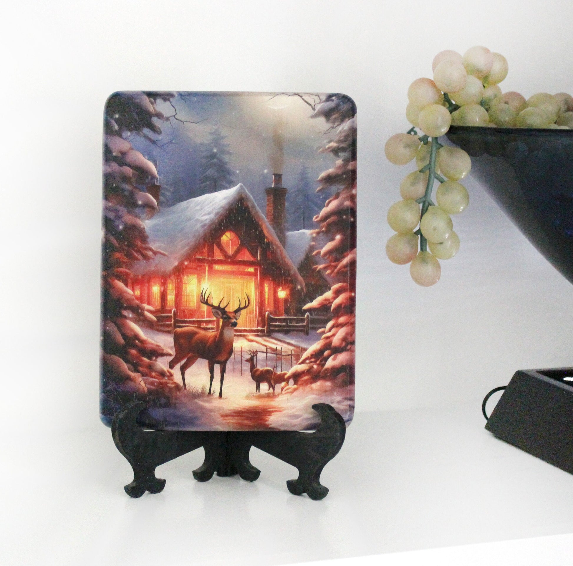 Winter Cabin Cutting Board, Rustic Winter Deer Kitchen Decor, Environmentally Friendly Bamboo Cutting Board decorated using UV Ink