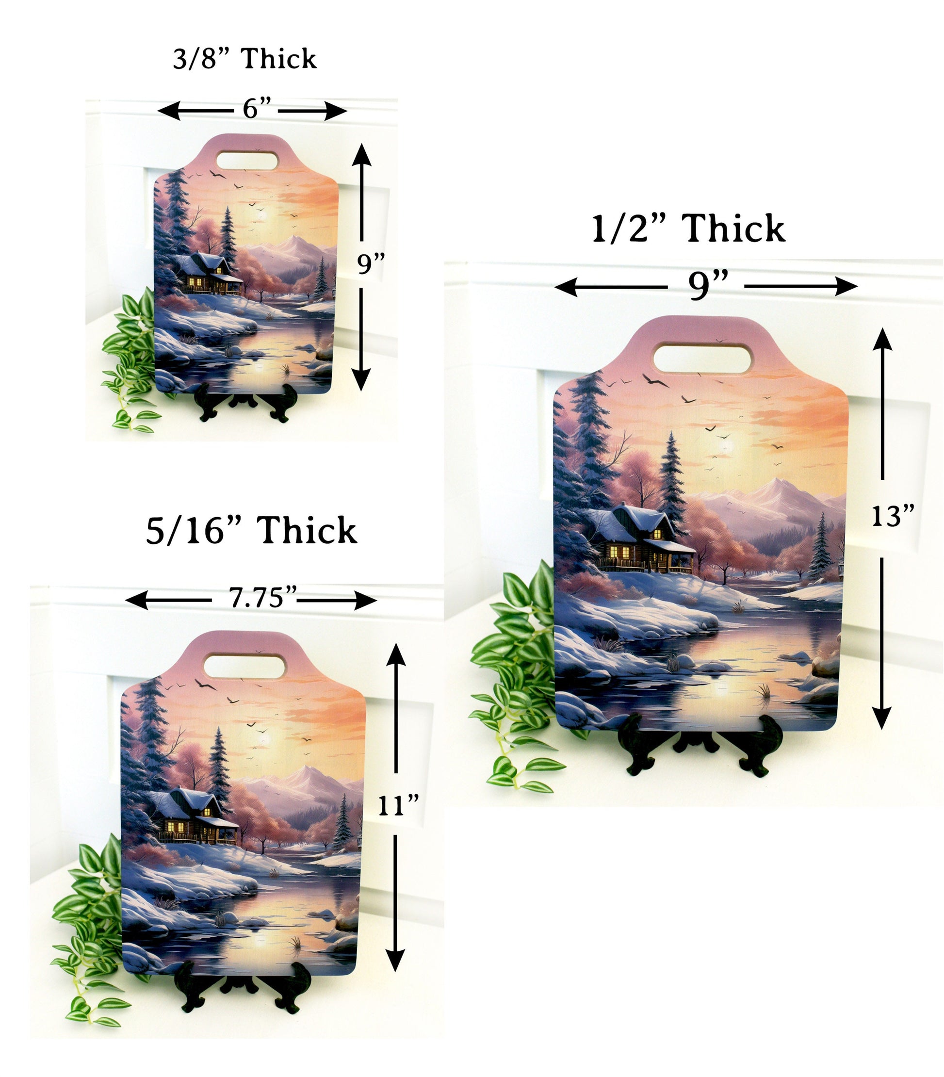 Winter Cabin Cutting Board, Rustic Winter Cabin & Stream Kitchen Decor, Environmentally Friendly Bamboo Cutting Board decorated using UV Ink