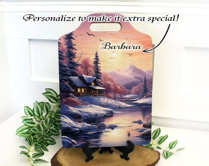 Winter Cabin Cutting Board, Rustic Winter Cabin & Stream Kitchen Decor, Environmentally Friendly Bamboo Cutting Board decorated using UV Ink
