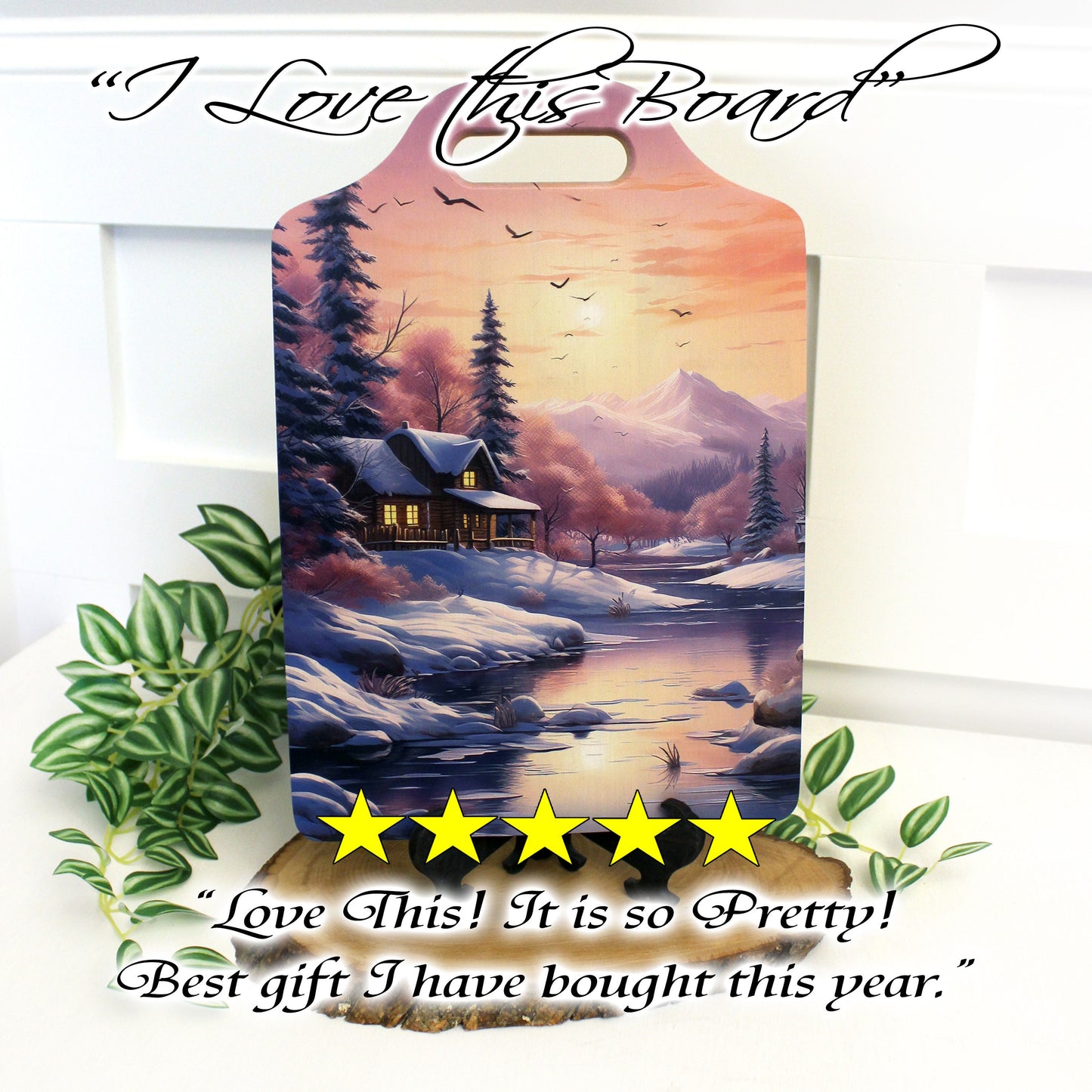 Winter Cabin Cutting Board, Rustic Winter Cabin & Stream Kitchen Decor, Environmentally Friendly Bamboo Cutting Board decorated using UV Ink