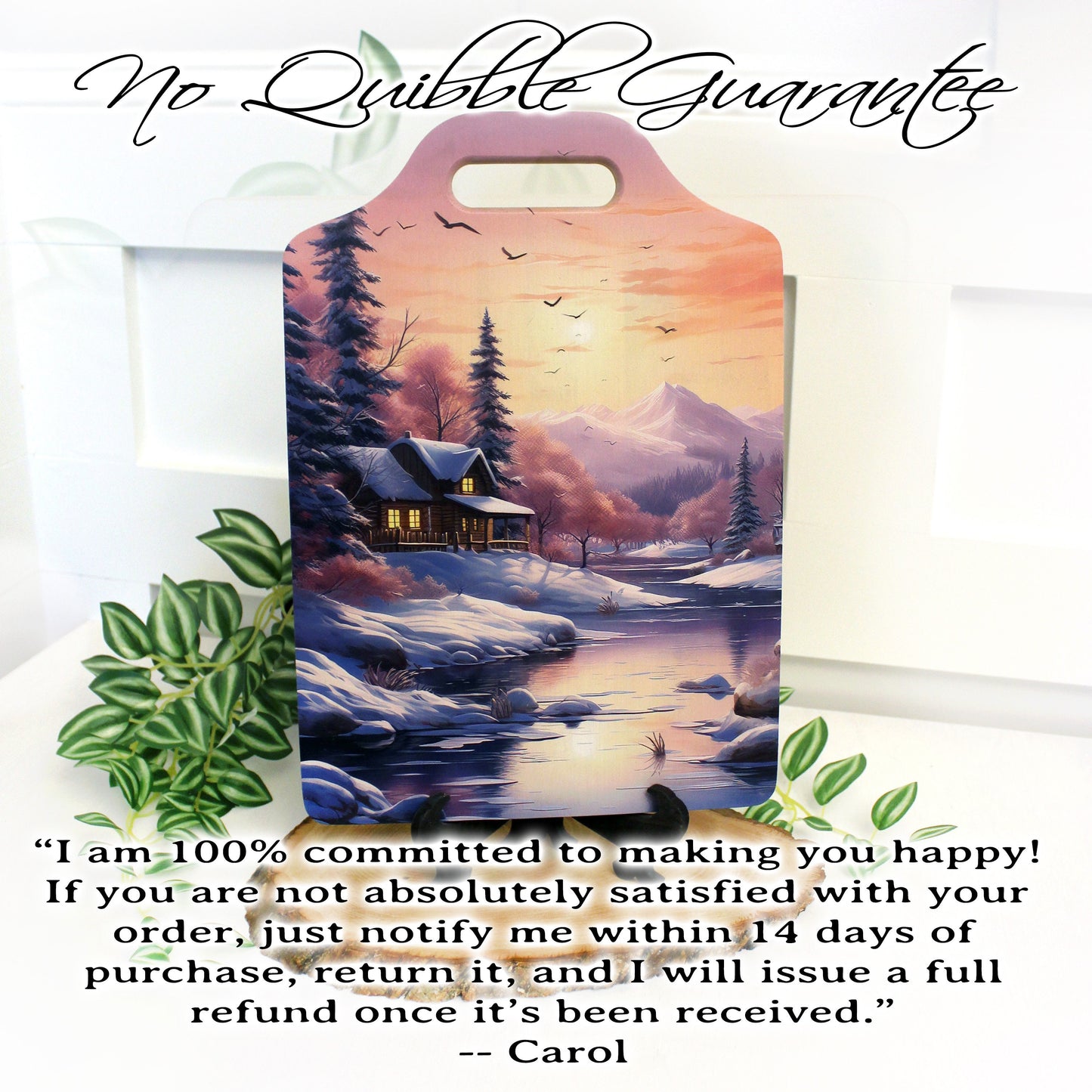 Winter Cabin Cutting Board, Rustic Winter Cabin & Stream Kitchen Decor, Environmentally Friendly Bamboo Cutting Board decorated using UV Ink