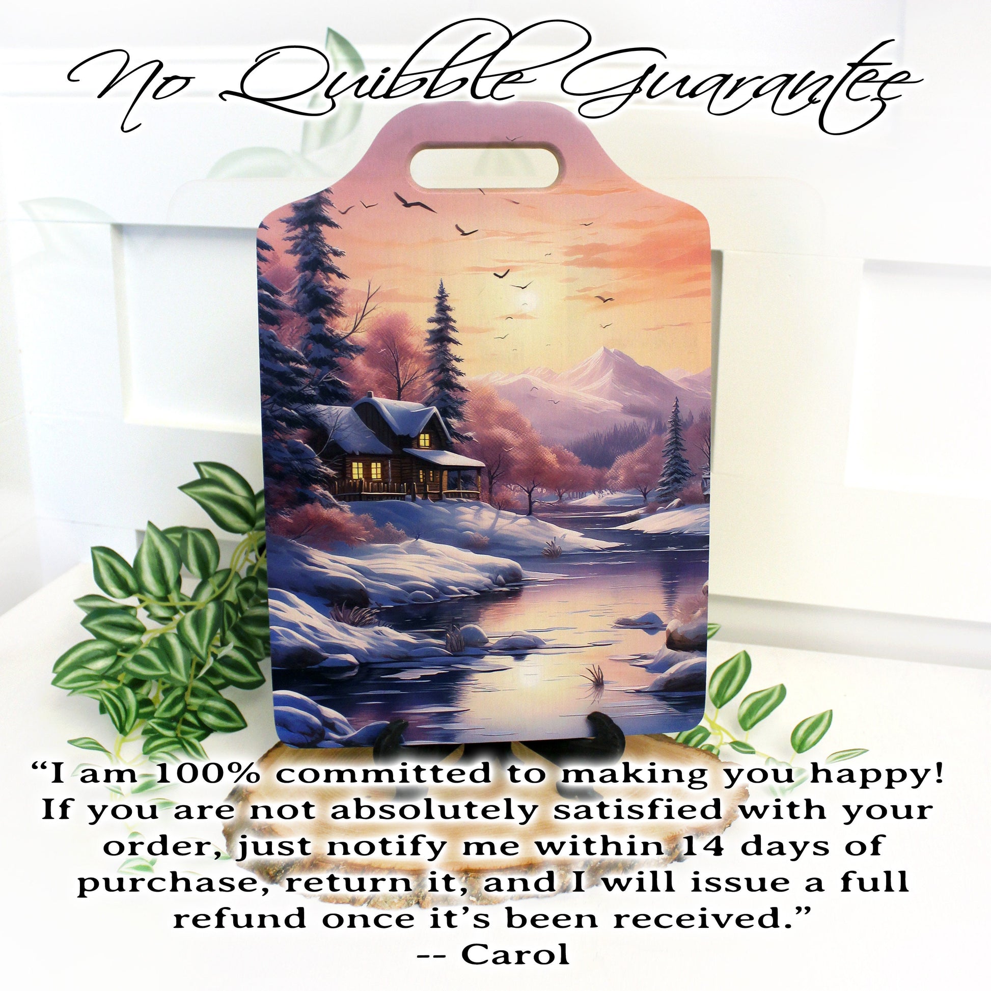 Winter Cabin Cutting Board, Rustic Winter Cabin & Stream Kitchen Decor, Environmentally Friendly Bamboo Cutting Board decorated using UV Ink