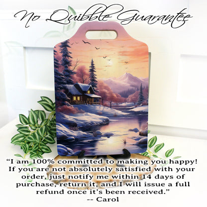 Winter Cabin Cutting Board, Rustic Winter Cabin & Stream Kitchen Decor, Environmentally Friendly Bamboo Cutting Board decorated using UV Ink