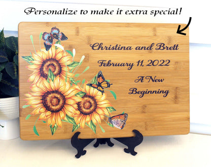 Sunflowers & Butterflies or Bees Kitchen Decor, Sunflower Cutting Board, Large Personalized Bamboo Cutting Board, Environmentally Friendly