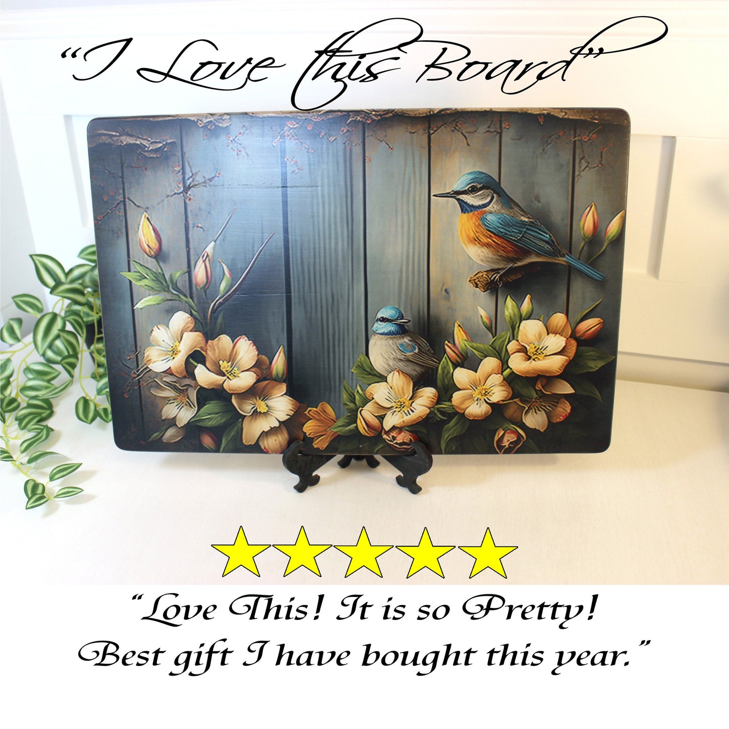 Rustic Summer Blue Birds with Flowers Brighten up your Kitchen Decor, an Environmentally Friendly Bamboo Cutting Board Decorated with UV Ink