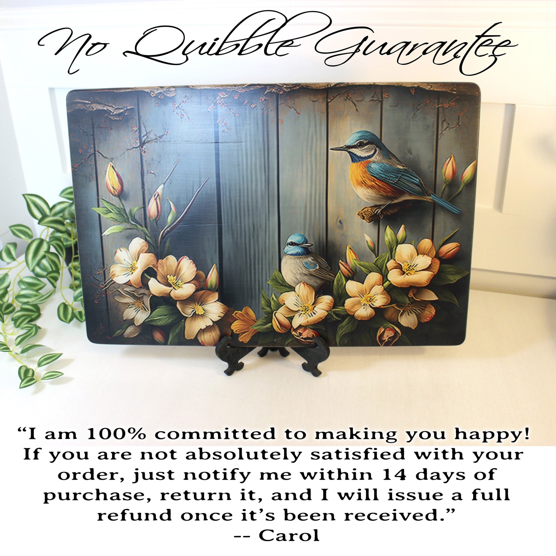 Rustic Summer Blue Birds with Flowers Brighten up your Kitchen Decor, an Environmentally Friendly Bamboo Cutting Board Decorated with UV Ink