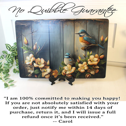 Rustic Summer Blue Birds with Flowers Brighten up your Kitchen Decor, an Environmentally Friendly Bamboo Cutting Board Decorated with UV Ink