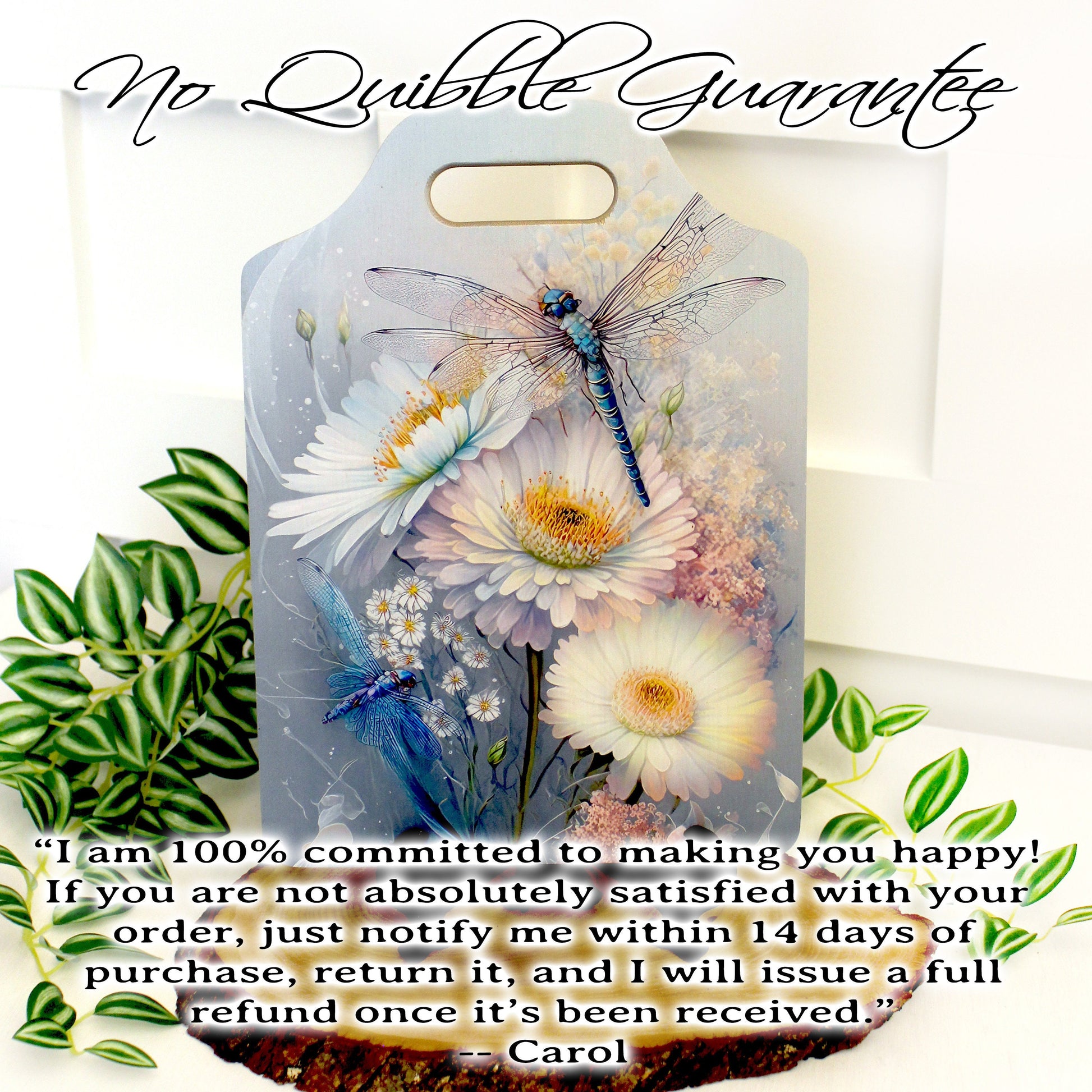 Dragonflies Kitchen Decor, Environmentally Friendly Handled Bamboo Cutting Board Decorated with UV Ink w/Unique Daisies & Dragonflies Design