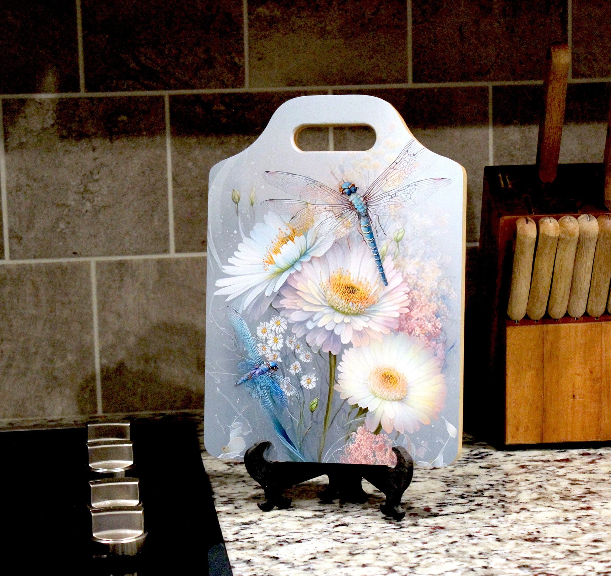 Dragonflies Kitchen Decor, Environmentally Friendly Handled Bamboo Cutting Board Decorated with UV Ink w/Unique Daisies & Dragonflies Design