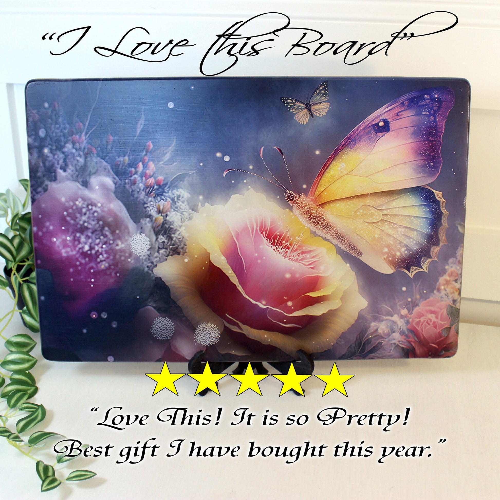 Large Colorful Butterfly with Pink Roses Brighten up your Kitchen Decor, Environmentally Friendly Bamboo Cutting Board Decorated with UV Ink