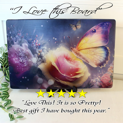 Large Colorful Butterfly with Pink Roses Brighten up your Kitchen Decor, Environmentally Friendly Bamboo Cutting Board Decorated with UV Ink