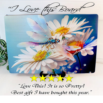 Dragonfly and Daisy Flowers Brighten up your Kitchen Decor, an Environmentally Friendly Bamboo Cutting Board Decorated with UV Ink