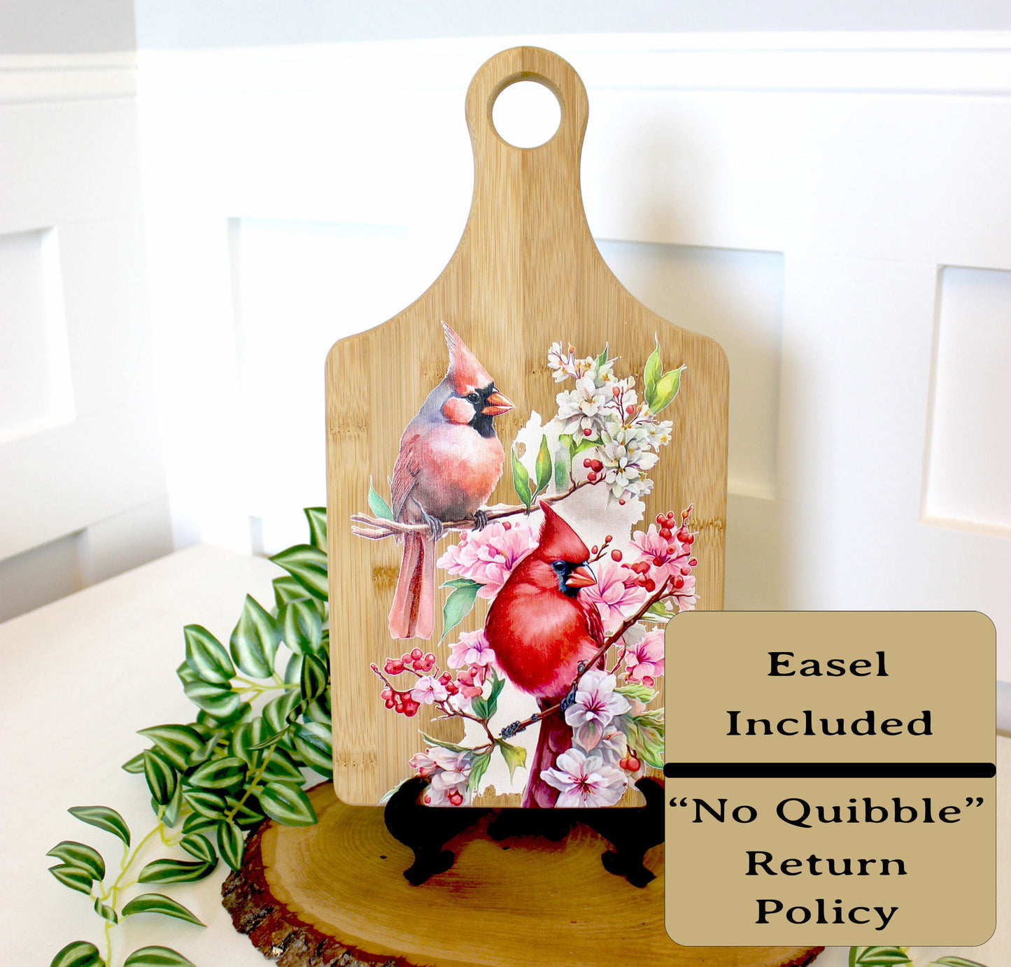 Full Color Spring Cardinal Kitchen Decor, Personalized Bamboo Wood Cardinal Paddle Cutting Board is a great Environmentally Friendly Gift