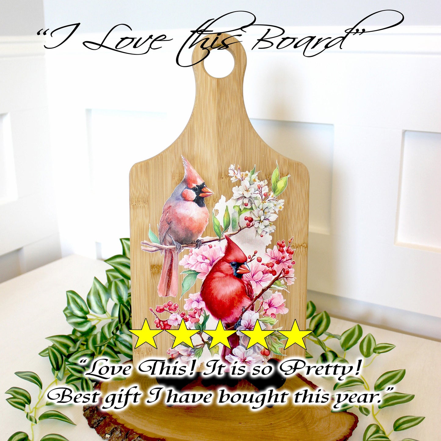 Full Color Spring Cardinal Kitchen Decor, Personalized Bamboo Wood Cardinal Paddle Cutting Board is a great Environmentally Friendly Gift