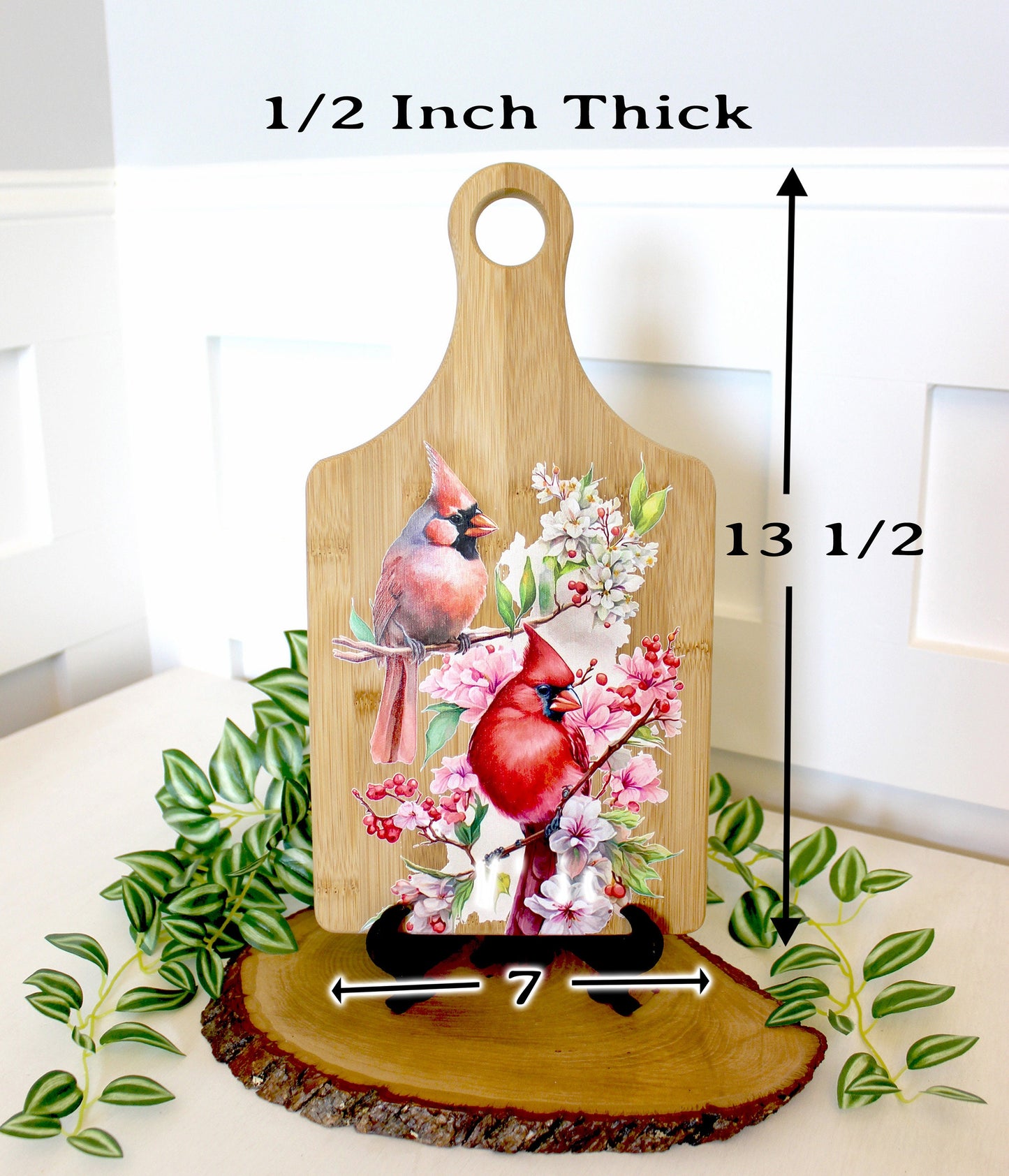 Full Color Spring Cardinal Kitchen Decor, Personalized Bamboo Wood Cardinal Paddle Cutting Board is a great Environmentally Friendly Gift