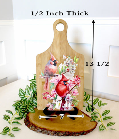 Full Color Spring Cardinal Kitchen Decor, Personalized Bamboo Wood Cardinal Paddle Cutting Board is a great Environmentally Friendly Gift