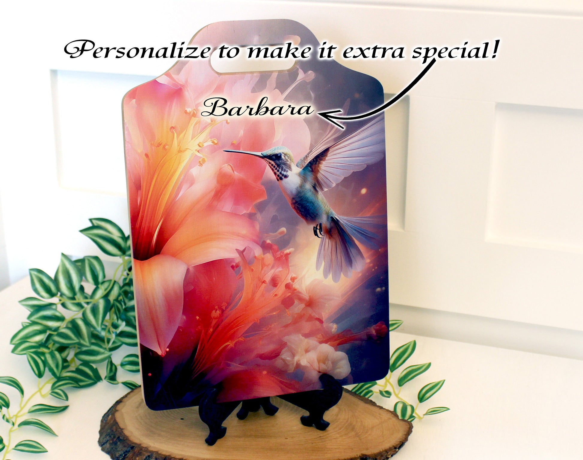 Hummingbird Lilies Kitchen Decor, Environmentally Friendly Handled Bamboo Cutting Board Decorated with UV Ink with Unique Hummingbird Design