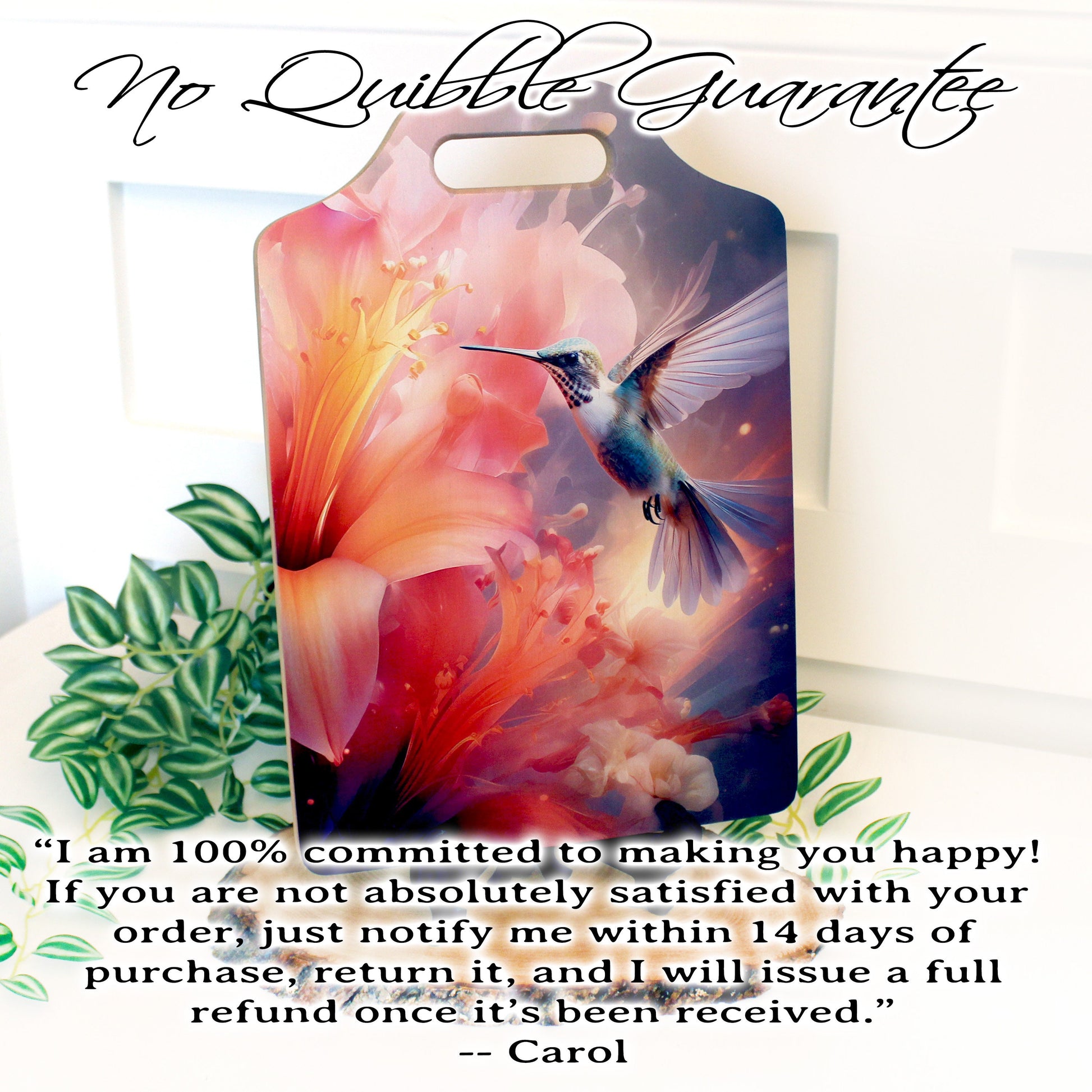 Hummingbird Lilies Kitchen Decor, Environmentally Friendly Handled Bamboo Cutting Board Decorated with UV Ink with Unique Hummingbird Design