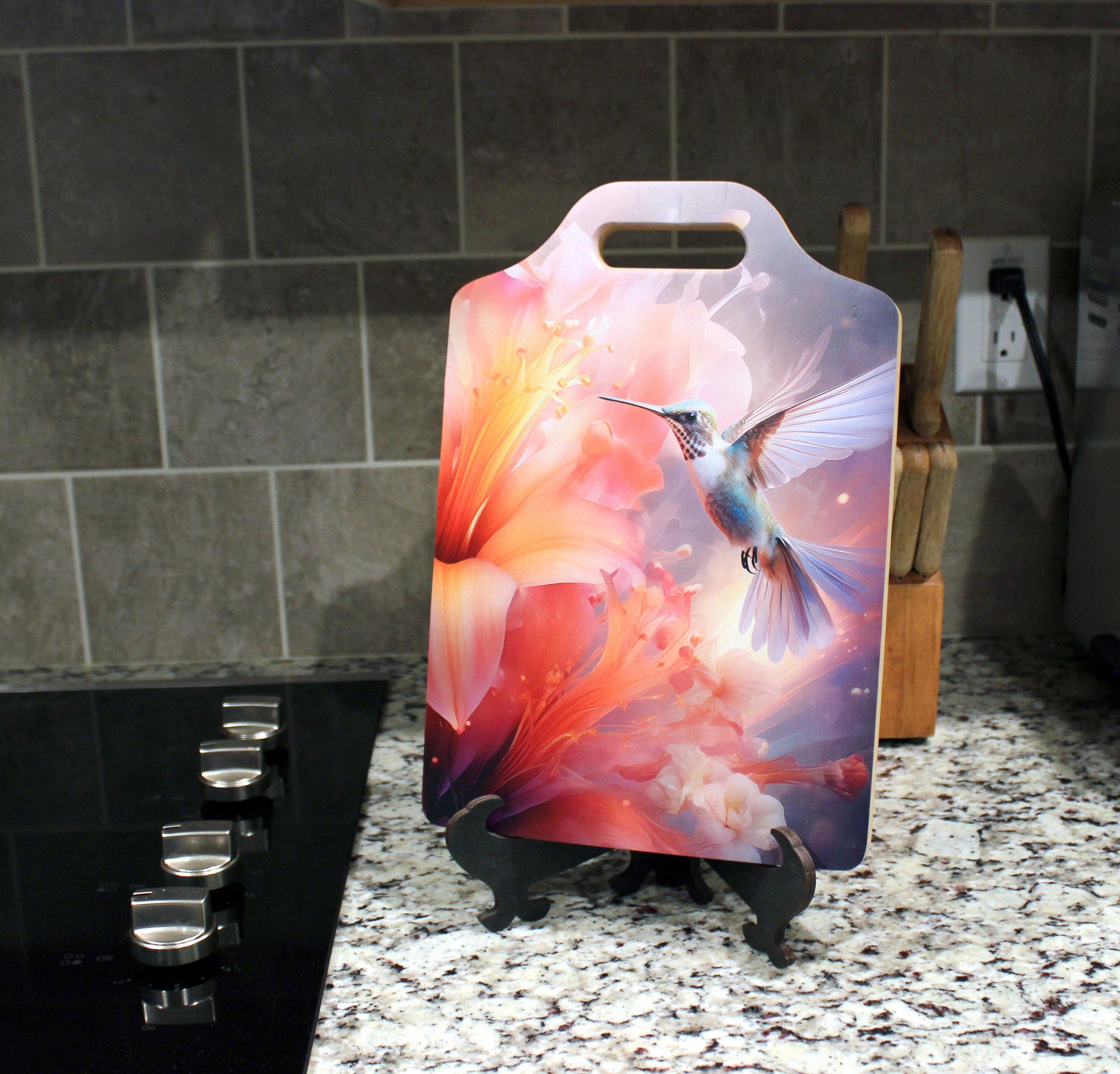 Hummingbird Lilies Kitchen Decor, Environmentally Friendly Handled Bamboo Cutting Board Decorated with UV Ink with Unique Hummingbird Design