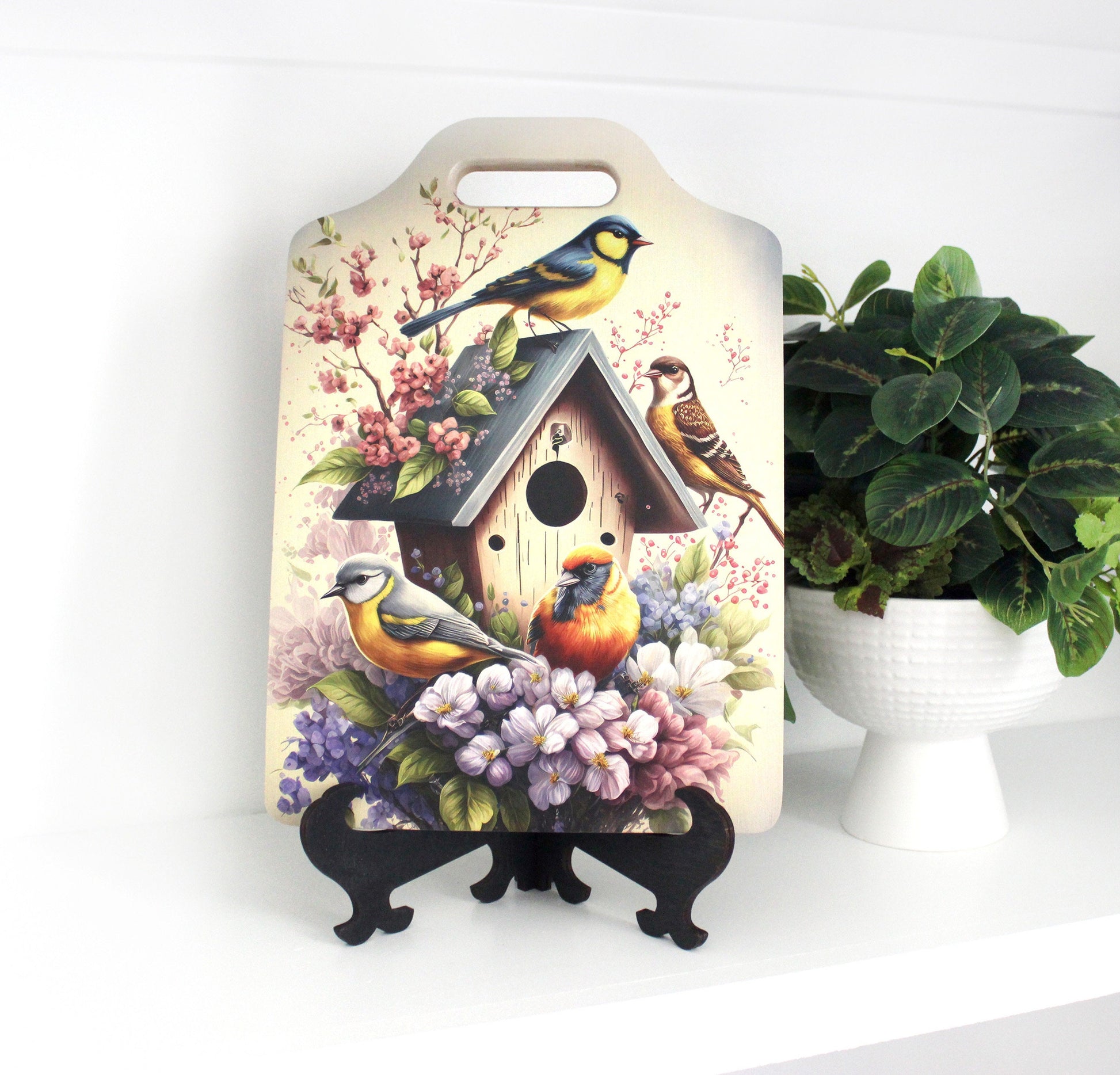 Bird Watcher Kitchen Decor, Environmentally Friendly Handled Bamboo Cutting Board Decorated w/ UV Ink with Unique Birds on Birdhouse Design