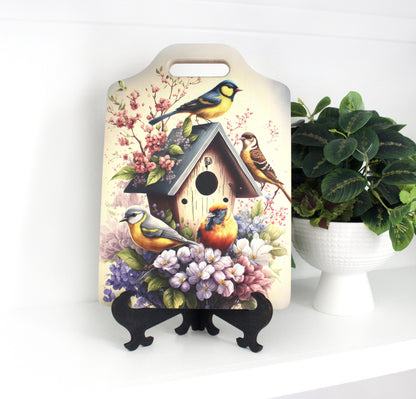 Bird Watcher Kitchen Decor, Environmentally Friendly Handled Bamboo Cutting Board Decorated w/ UV Ink with Unique Birds on Birdhouse Design
