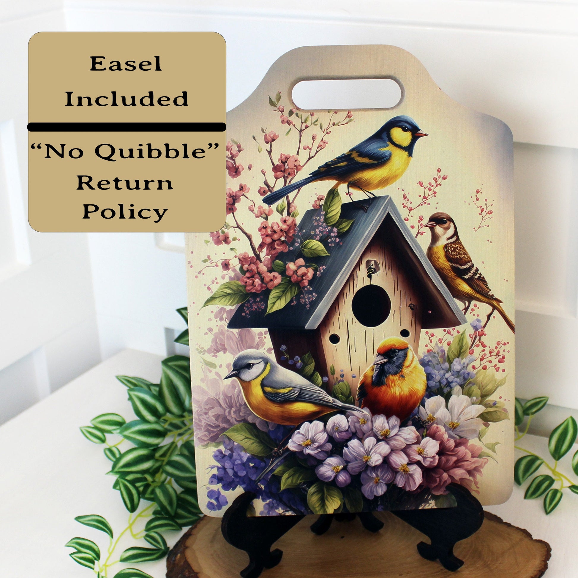 Bird Watcher Kitchen Decor, Environmentally Friendly Handled Bamboo Cutting Board Decorated w/ UV Ink with Unique Birds on Birdhouse Design