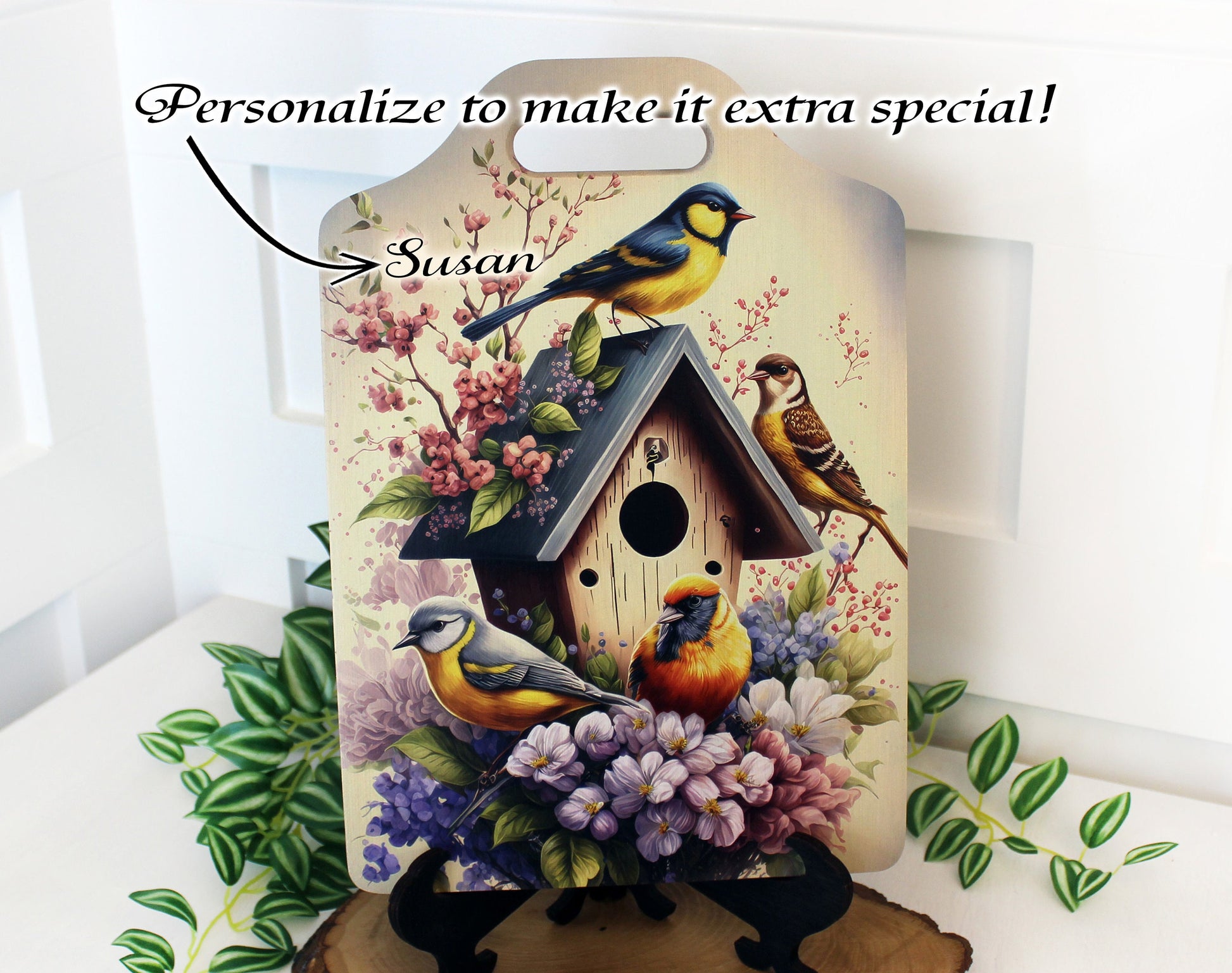 Bird Watcher Kitchen Decor, Environmentally Friendly Handled Bamboo Cutting Board Decorated w/ UV Ink with Unique Birds on Birdhouse Design