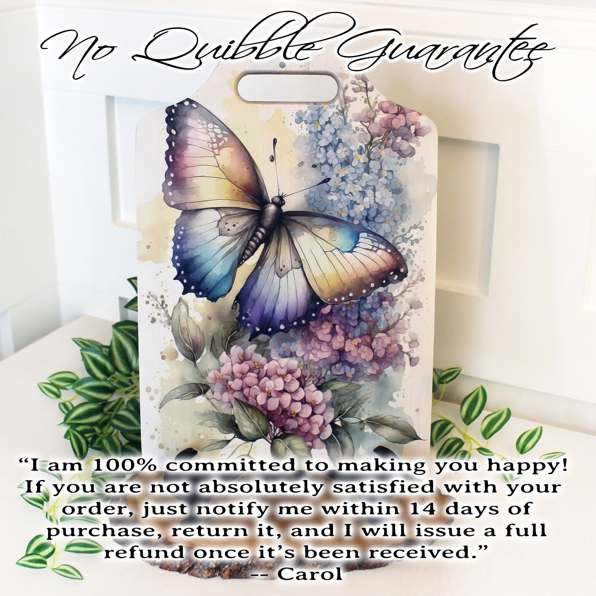 Butterfly Violets Kitchen Decor, Environmentally Friendly Handled Bamboo Cutting Board Decorated with UV Ink with Unique Butterfly w/Violets