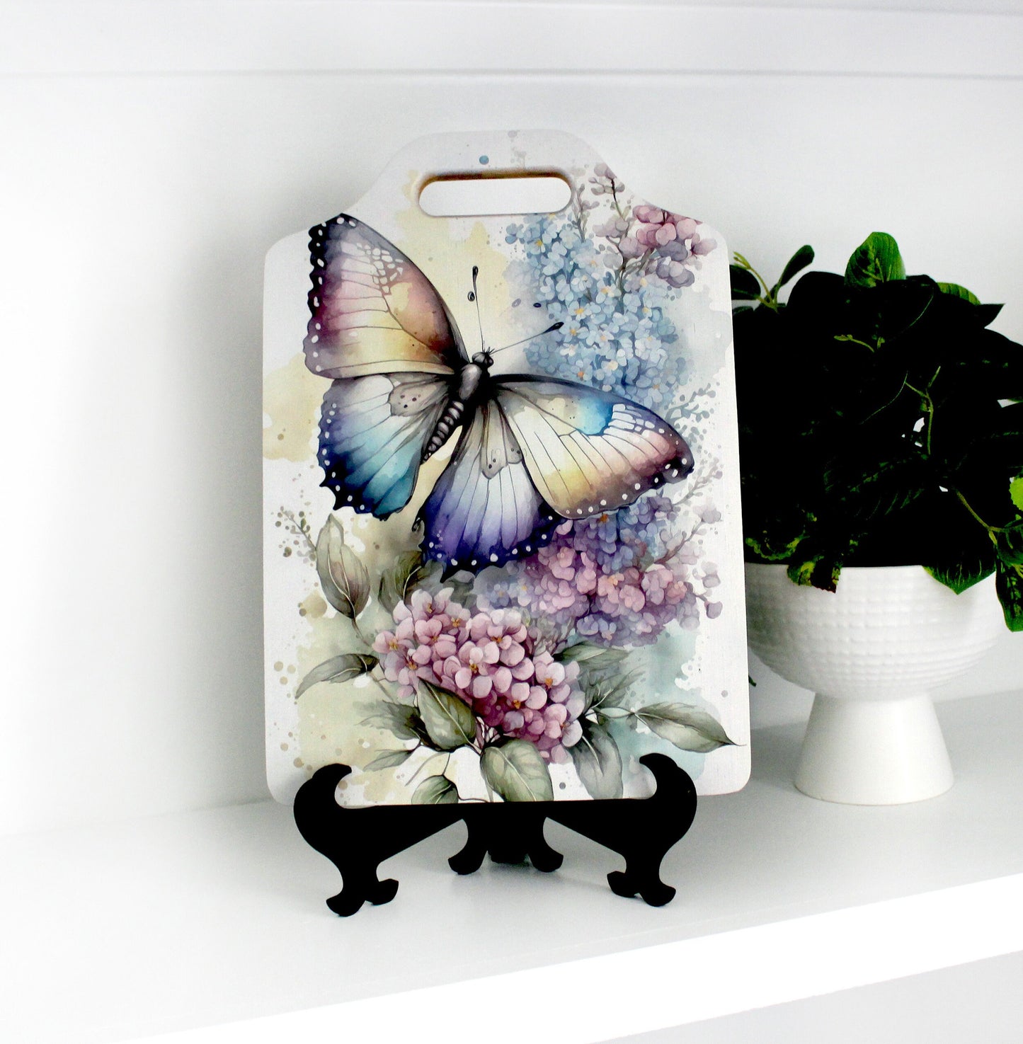 Butterfly Violets Kitchen Decor, Environmentally Friendly Handled Bamboo Cutting Board Decorated with UV Ink with Unique Butterfly w/Violets