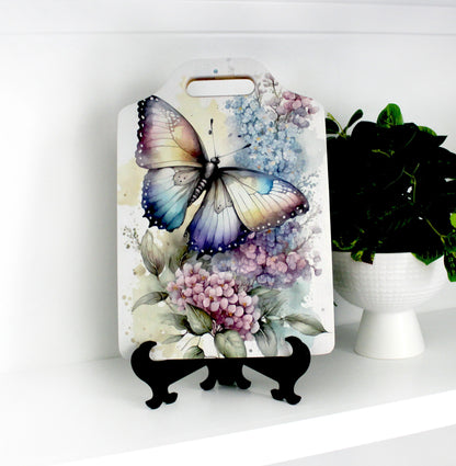 Butterfly Violets Kitchen Decor, Environmentally Friendly Handled Bamboo Cutting Board Decorated with UV Ink with Unique Butterfly w/Violets