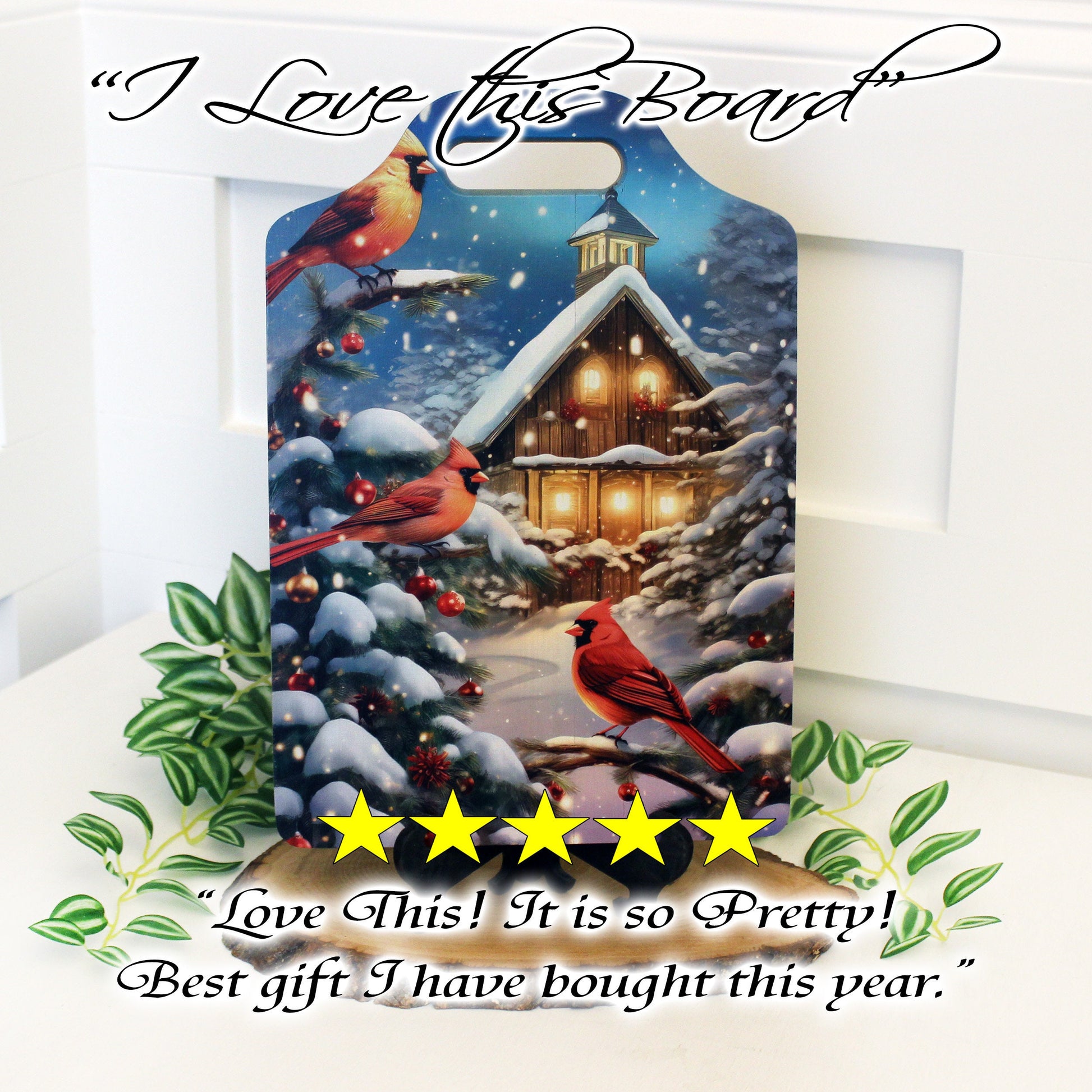 Christmas Cardinal Cutting Board, Rustic Winter Cabin Christmas Cardinals Decor, Environmentally Friendly Bamboo Cutting Board using UV Ink