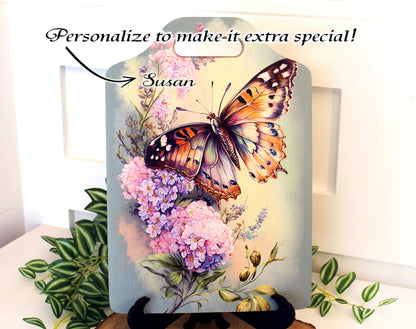 Garden Butterfly Kitchen Decor, Environmentally Friendly Handled Bamboo Cutting Board Decorated with UV Ink with Monarch Butterfly & Lilacs