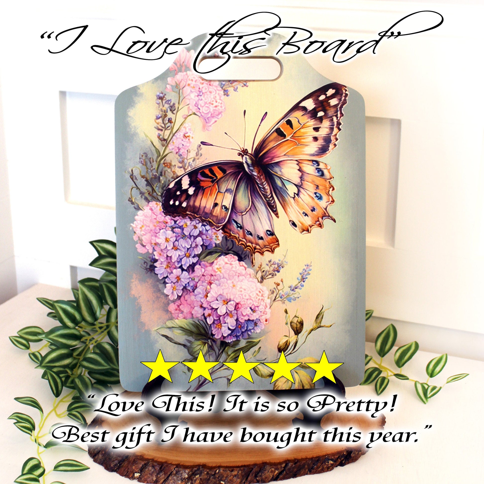Garden Butterfly Kitchen Decor, Environmentally Friendly Handled Bamboo Cutting Board Decorated with UV Ink with Monarch Butterfly & Lilacs