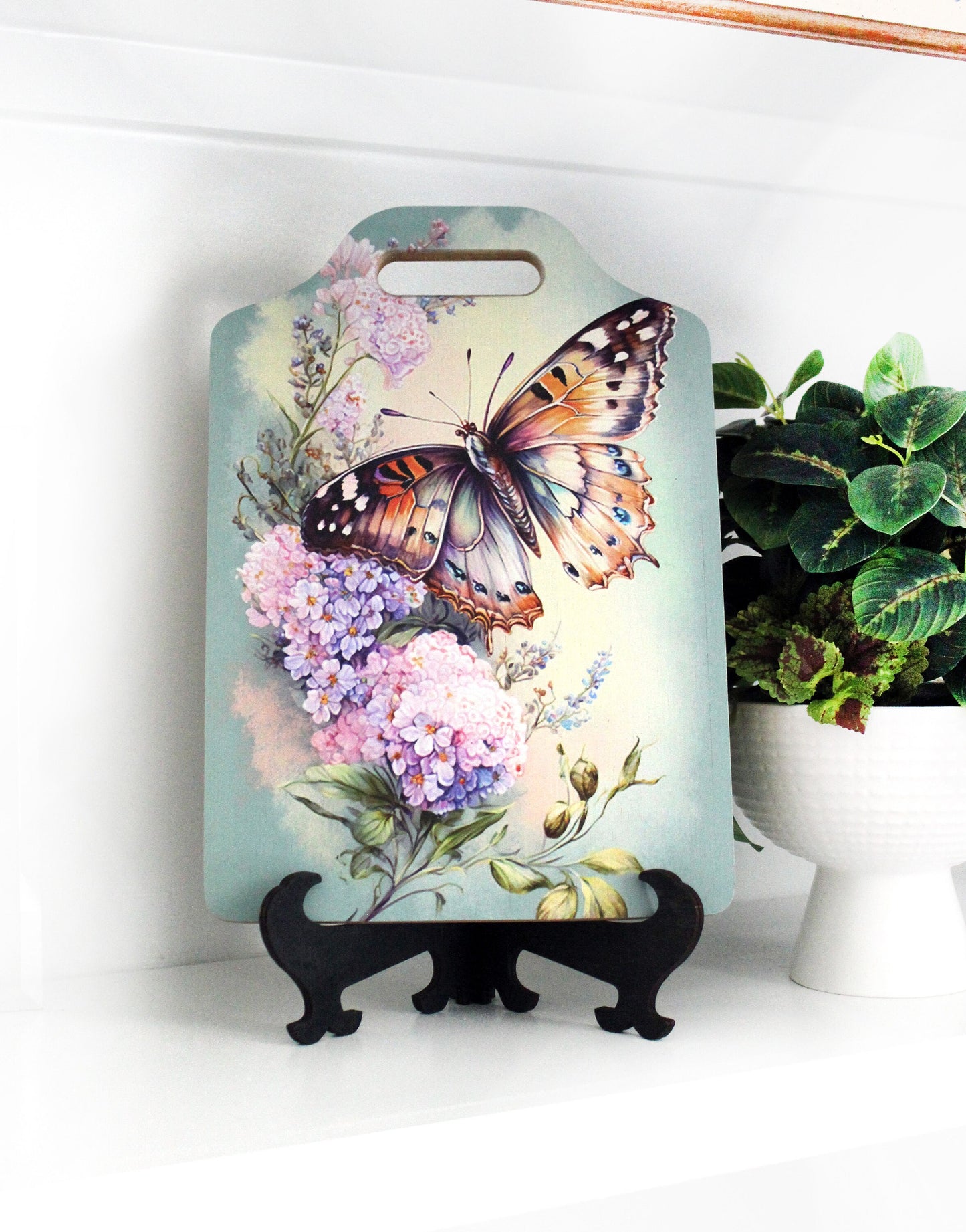 Garden Butterfly Kitchen Decor, Environmentally Friendly Handled Bamboo Cutting Board Decorated with UV Ink with Monarch Butterfly & Lilacs