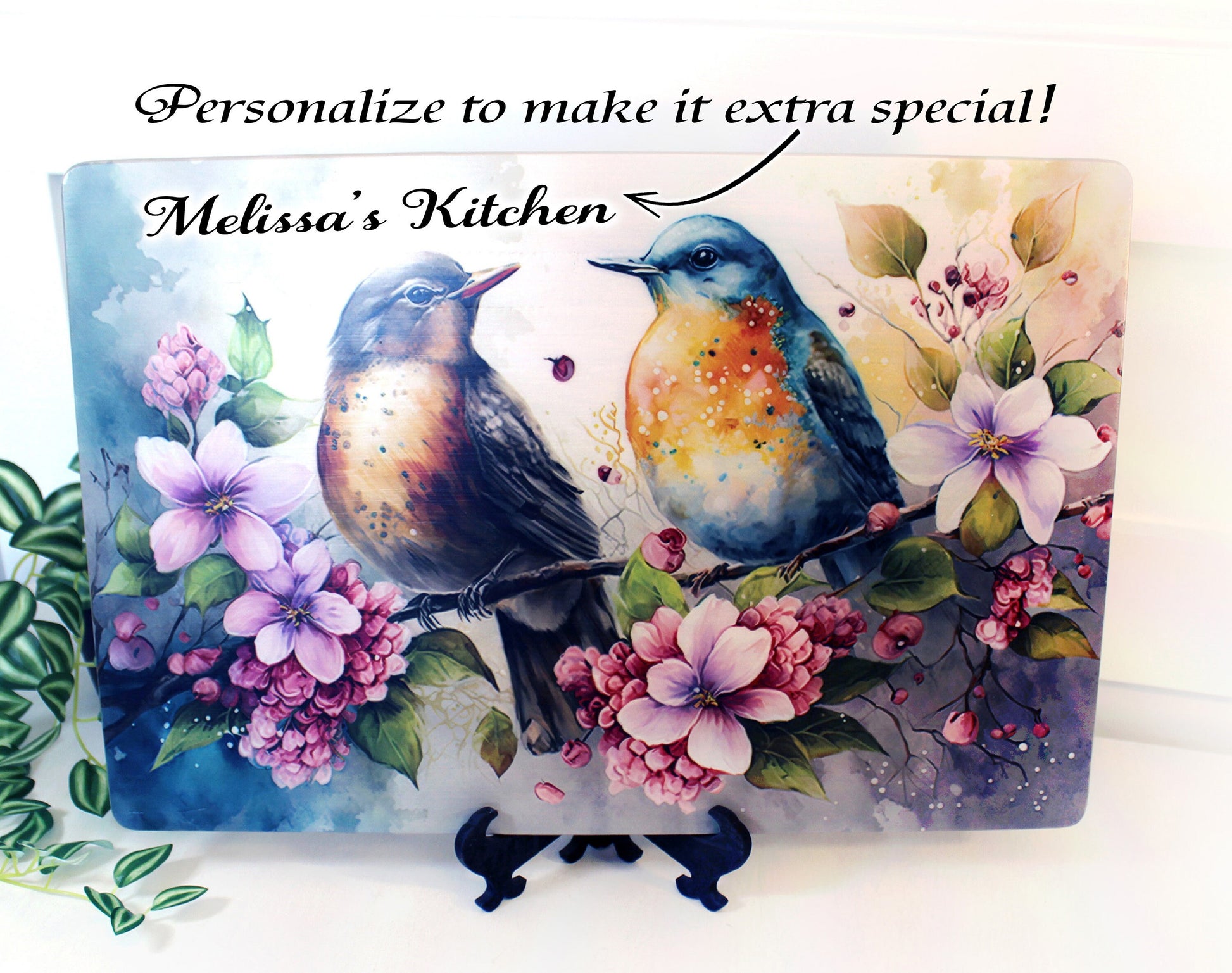 Birds with Spring Flowers Cutting Board will Brighten up your Kitchen Decor, Environmentally Friendly Cutting Board UV Ink Watercolor Design