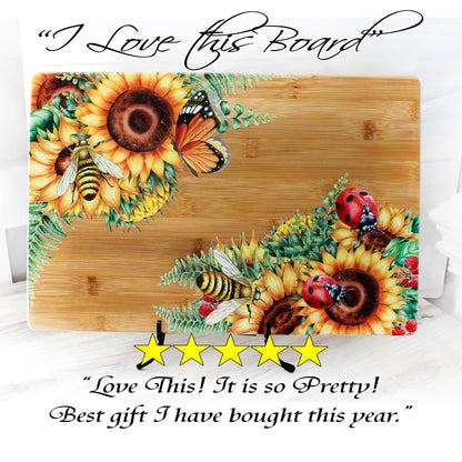 Sunflowers, Butterflies, Bees & Lady Bugs Brighten up your Kitchen Decor with this Environmentally Friendly Bamboo Board Printed with UV Ink