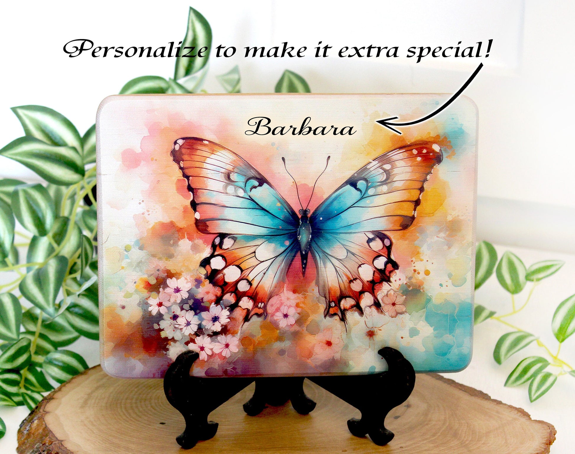 Colorful Blue Butterfly, Spring Flowers Brighten up your Kitchen Decor, Environmentally Friendly Bamboo Cutting Board Decorated with UV Ink