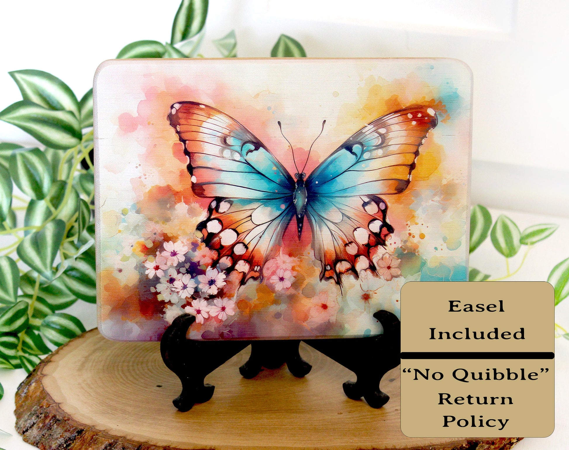 Colorful Blue Butterfly, Spring Flowers Brighten up your Kitchen Decor, Environmentally Friendly Bamboo Cutting Board Decorated with UV Ink