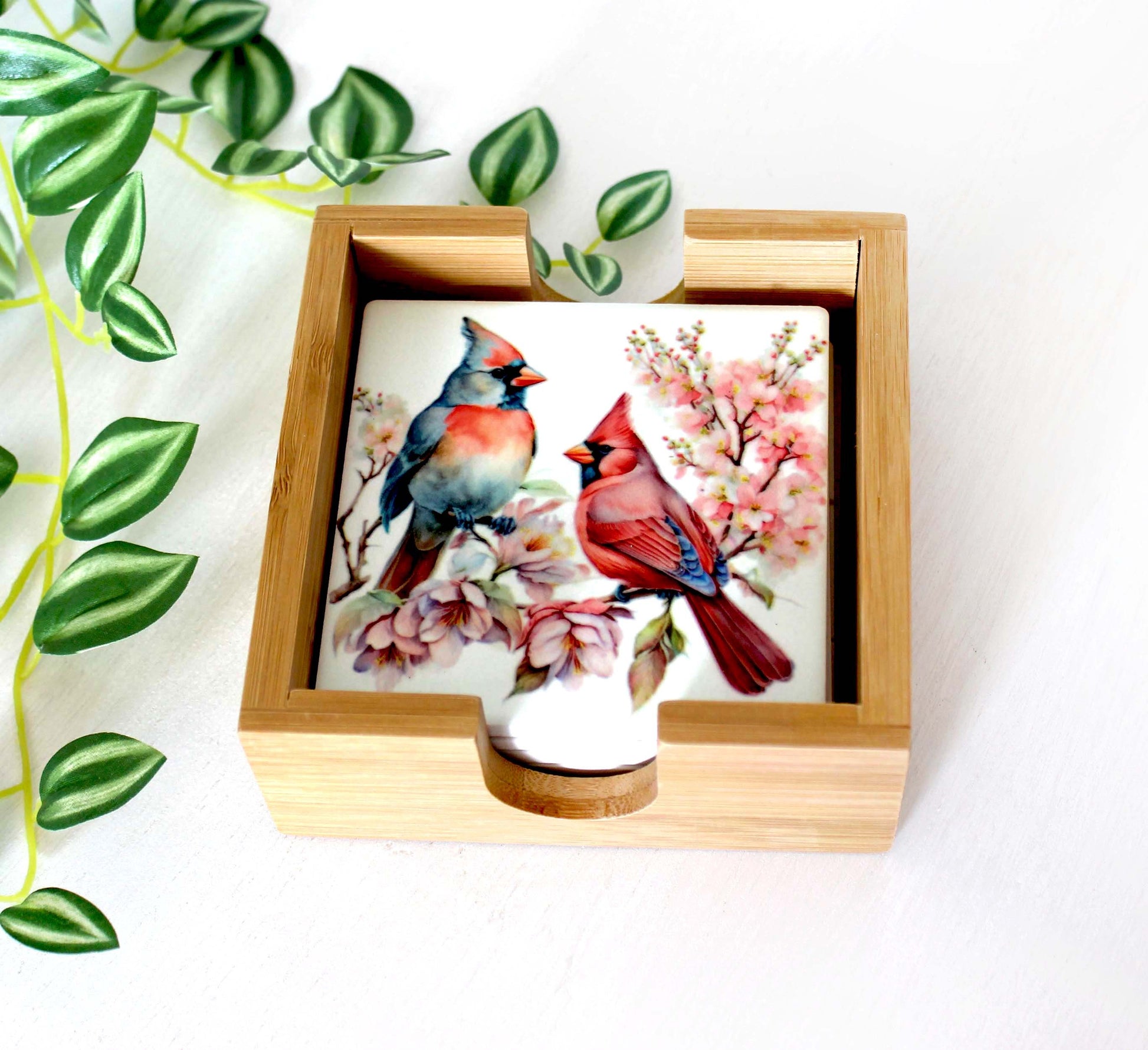 Beautiful Cardinal Decorated Bamboo Coasters w/ Bamboo Caddy, Spring Cardinals for your drinkware as Gift for Cardinal Lovers