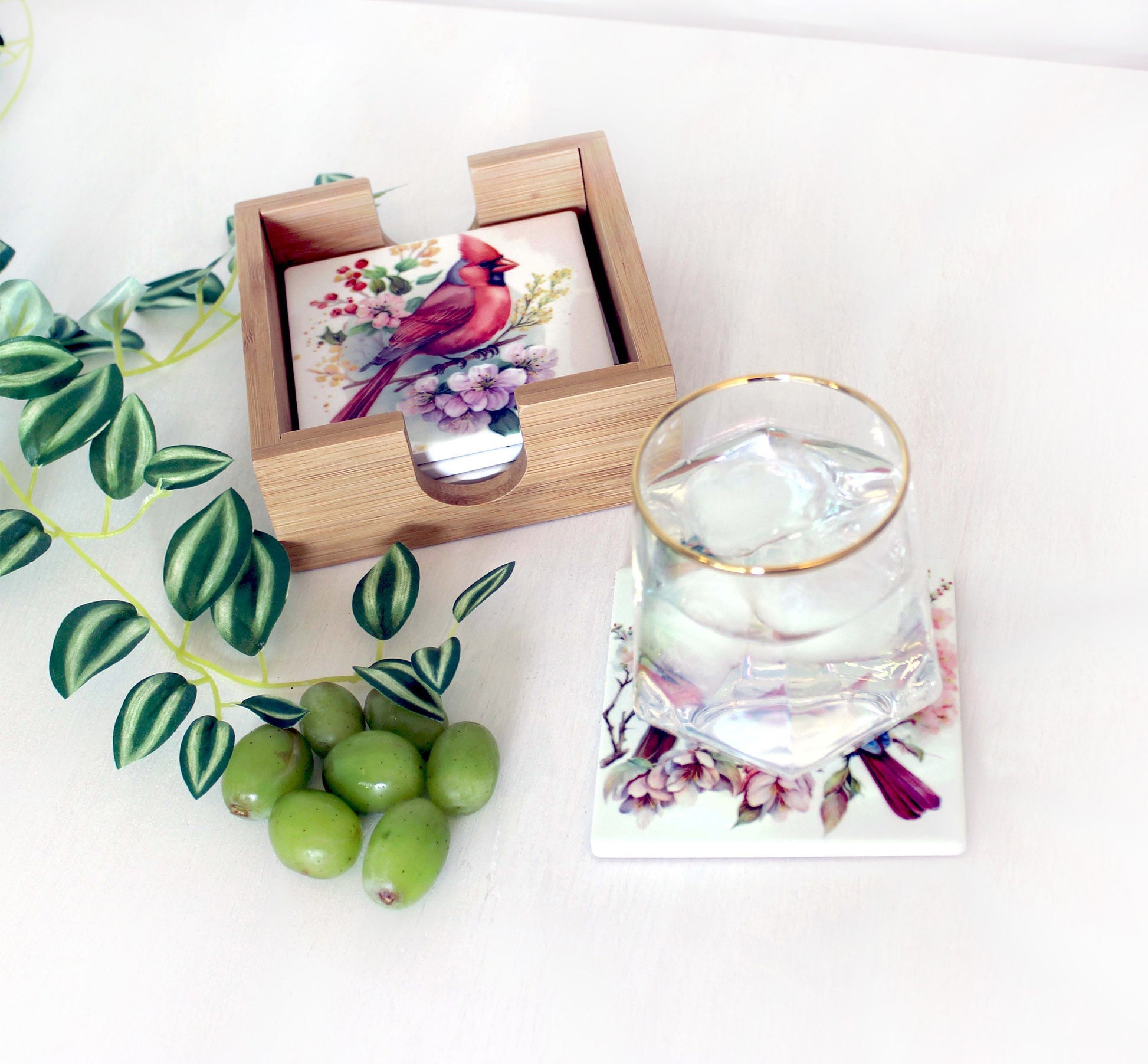 Beautiful Cardinal Decorated Bamboo Coasters w/ Bamboo Caddy, Spring Cardinals for your drinkware as Gift for Cardinal Lovers